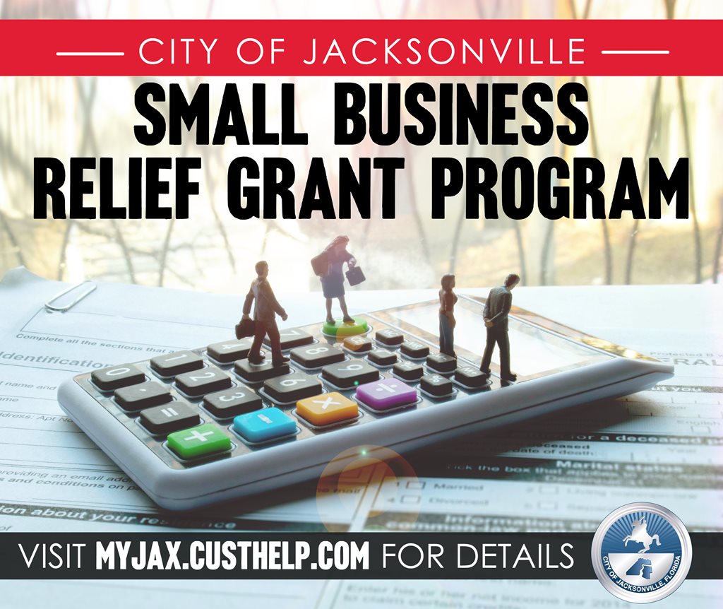Small Business Relief Grant Program graphic with minuture people figurine and calculator