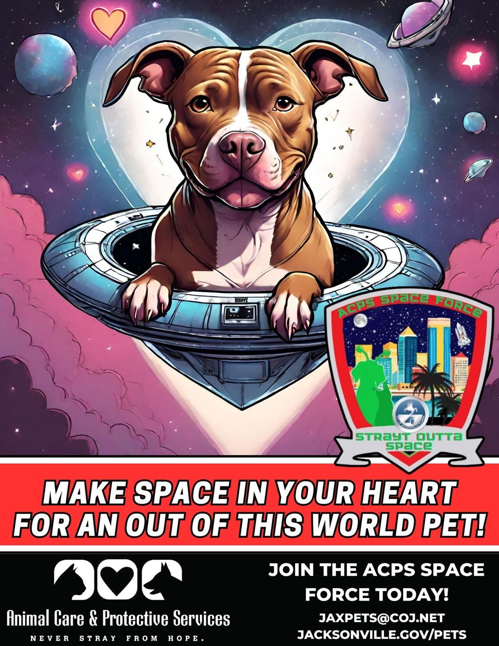 acps space force ad with pitbull riding in space ship