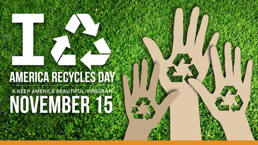 america recycles day with green grass, hands and recycling symbol