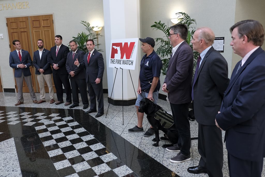 Representatives from five northeast Florida counties and local veteran organizations gathered int eh Atrium of City Hall to announce the launch of The Fire Watch, Sept. 30, 2019.