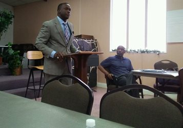 August 2, 2018 photo of Council Member Terrance Freeman addressing the attendees  at the St. Paul Lutheran Church Task Force Meeting.