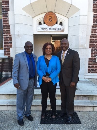 February 27, 2016 photo of Council Member Samuel Newby with Laverne Cooper and Dr. Charles Moreland standing outside Edward Waters College.
