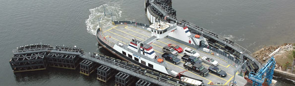 Aerial photo to the St. Johns River Ferry vessel Jean Ribault at the dock facility.