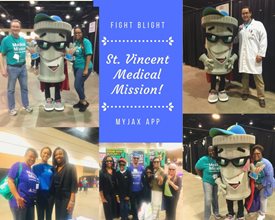 St Vincent Medical Mission Fight Blight photos with Jax Can mascot