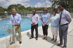 May 27, 2016 photo of Council Member Garrett Dennis at the press conference announcing a summer water safety program.