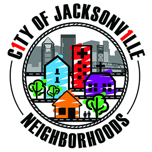 City of Jacksonville Neighborhoods Logo - Illustration of Neighborhood buildings including single family home, apartments, hospital and church in front of downtown Jacksonville skyline