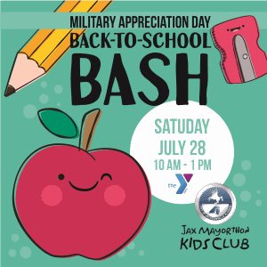 YMCA Military Back to School Bash illustration of apple, pencil and pencil sharpener
