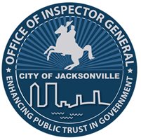 Blue and silver  Office of Inspector General Logo with horse with rider and City of Jacksonville skyline, Enhancing Public Trust in Government