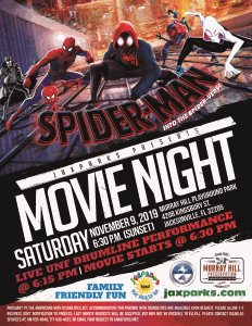 JaxParks movie night - Spider Man Into the Spider-Verse Flyer