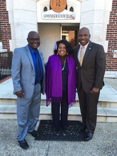February 27, 2016 photo of Council Member Samuel Newby with Sharon Coon and Dr. Charles Moreland standing outside Edward Waters College.
