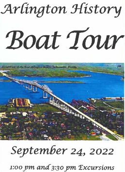 Poster with text: Arlington History Boat Tour September 24, 2022 1:00 pm and 3:00 pm excursions