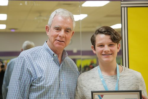 October 5, 2019 photo of Council Member Boylan with a participant of the spelling bee.